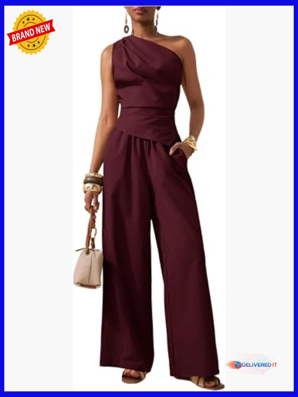 Elegant One Shoulder Ruched Top and Wide Leg Pants Set
